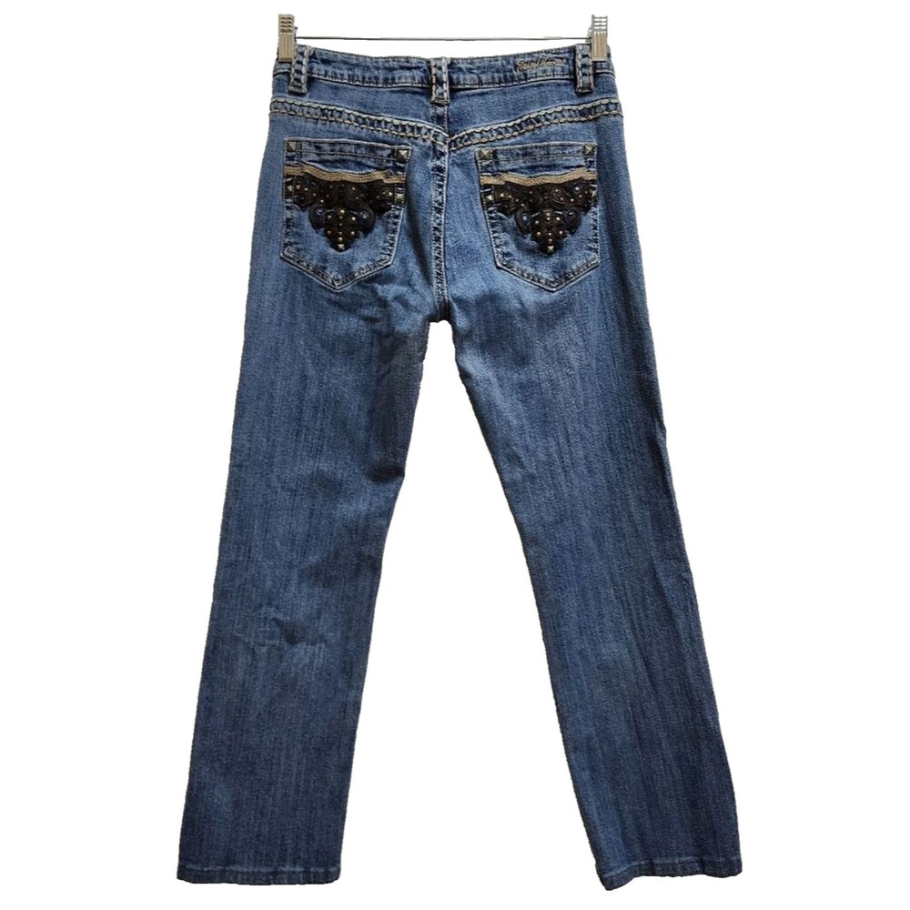 Ethyl Jeans Women Sz 8 Blue Denim Embroidered Studded Zip Straight 28x27 Western